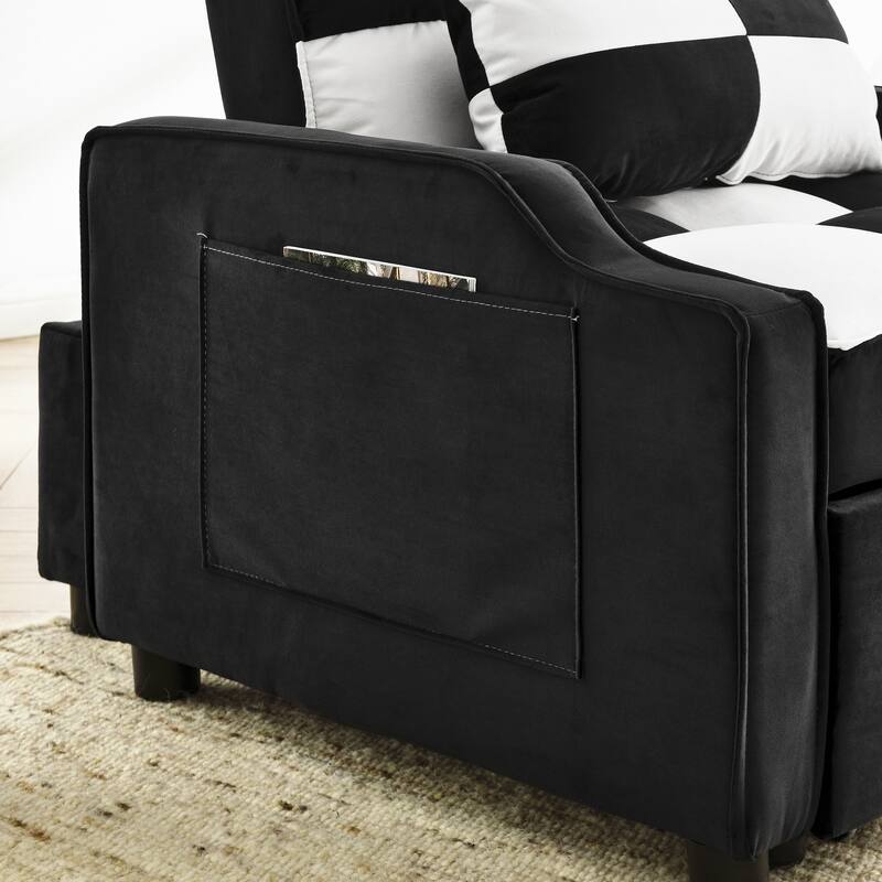Black White Velvet 35.5" Convertible Single Sleeper Sofa with Pull-out Bed, Storage Pocket, and Pillows