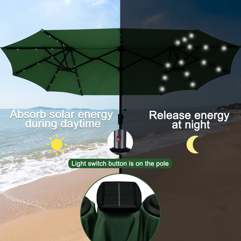 Ainfox 13ft Double-sided Patio Umbrella Solar LED Lighted Outdoor Martet Umbrella with Base