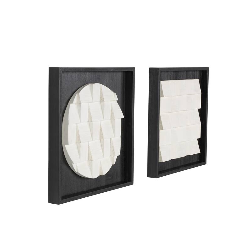 White Wood 3D Cube Grid Geometric Home Wall Decor with Black Frames (Set of 2)