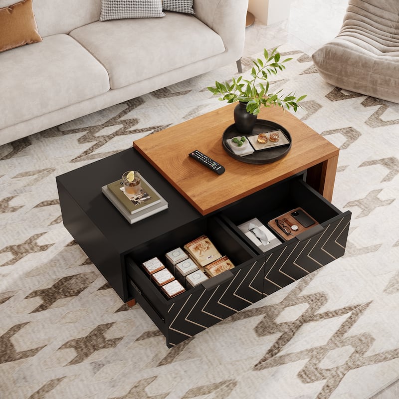 Wooden Extendable Center Coffee Table with Sliding Tabletop