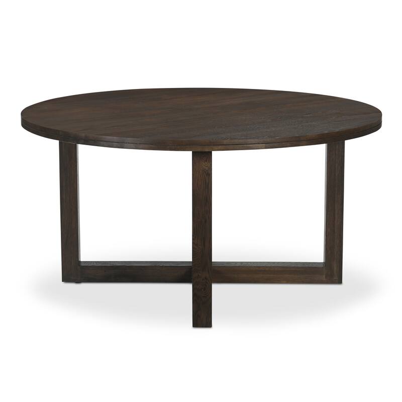 NADAAL STUDIOS Arlisse Dining Table for 6, Round Oak Wood Top, Dual-Layer Top with V-Groove Iron Crossing Base, Dark Brown