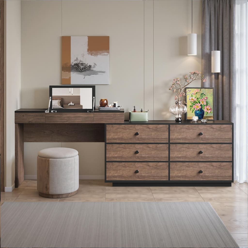 atascosa modern home office expandable dresser desk combo with drawers 97.63" Modern Home Office Expandable Dresser Desk Combo with 6 Drawers