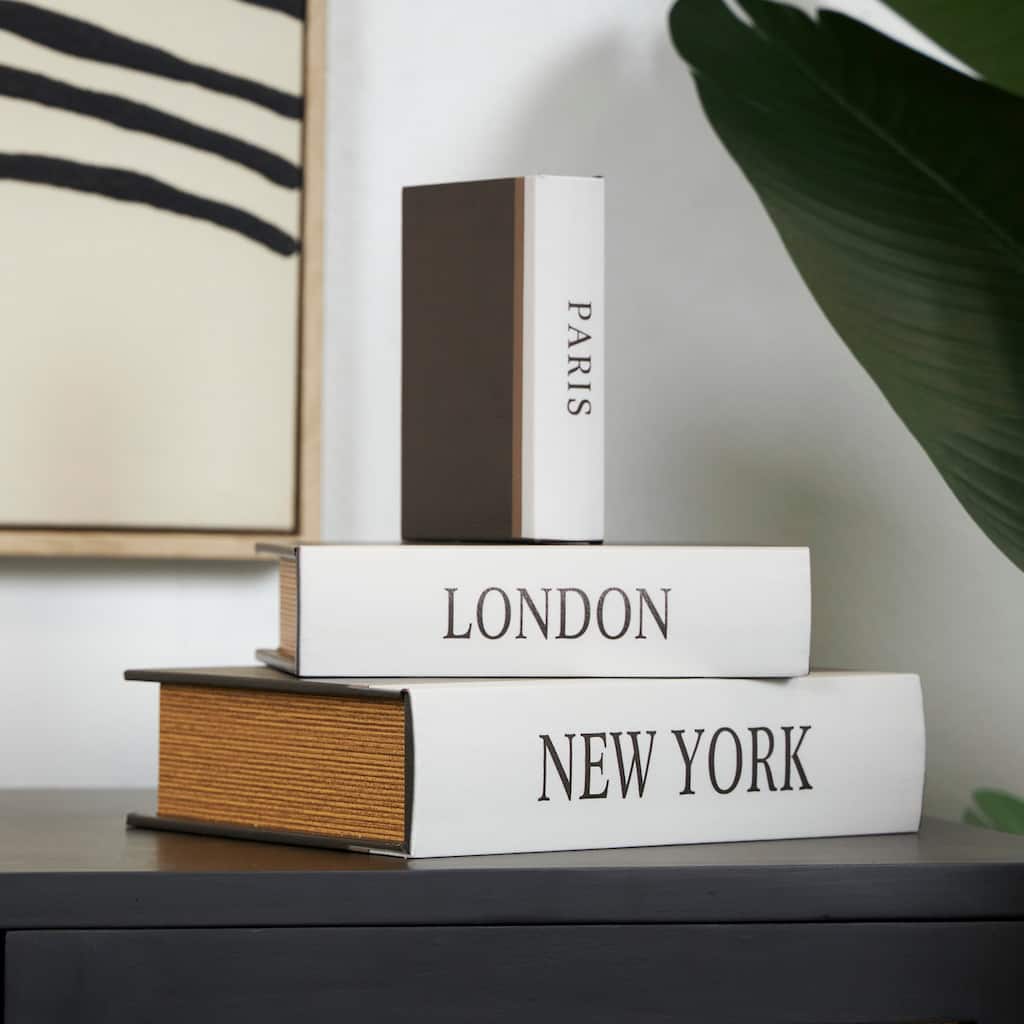 Black Wooden Paris, London, New York Storage Faux Storage Book Decorative Box with White Spine (Set of 3)