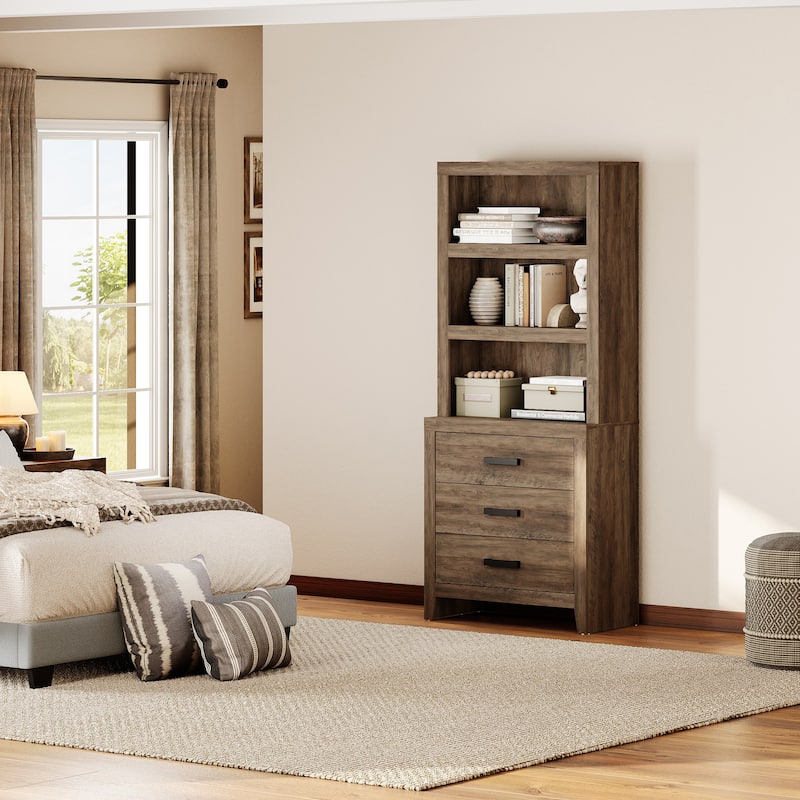 3-Tier Bookshelf with 3 Large Drawers, 74" Tall Farmhouse Bookcase with Wide Metal Handles, for Living Room, Office, Library