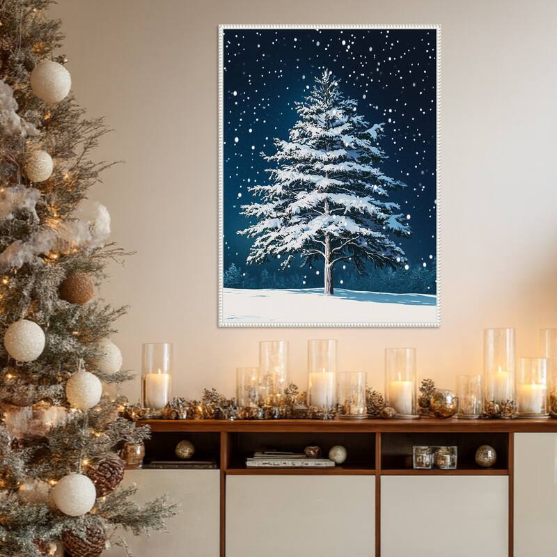 Winter Snowy Pine Tree by Pictufy Studio Framed Canvas Wall Art Print - Sylvie Beaded White