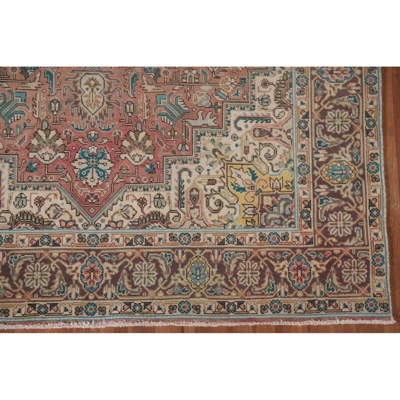 Hand Knotted Oriental 100% Wool Carpet Traditional Medallion Pink Tabriz Area Rug - 9' 7'' X 6' 4''