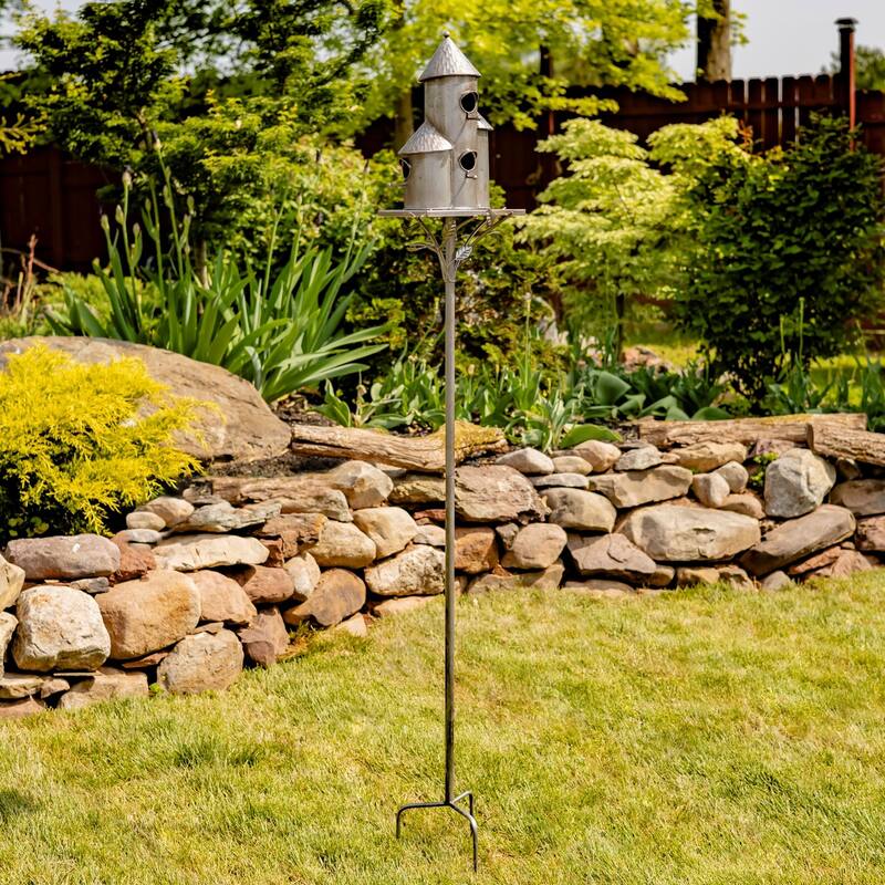 Tall Cylinder Triple Birdhouse Take- Silver Finished - Silver