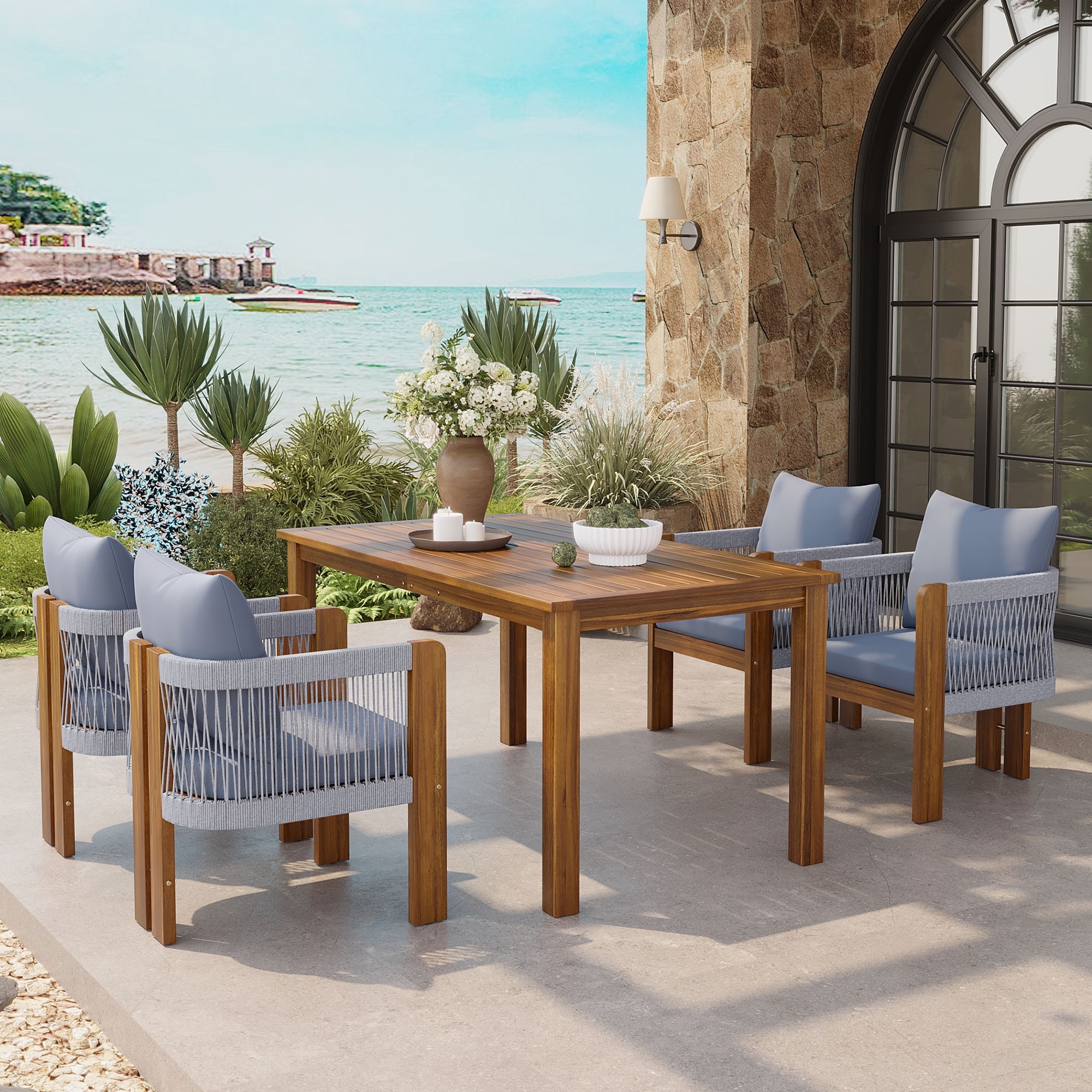 5-Piece Outdoor Patio Dining Set for 4,Solid Acacia Wood Dinning Set with Rope Woven Chairs
