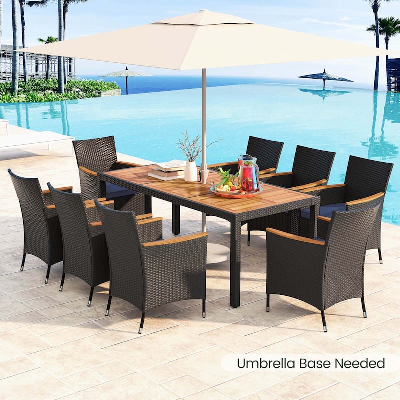 Costway 9 PCS Outdoor Dining Set with Acacia Wood Tabletop, Umbrella