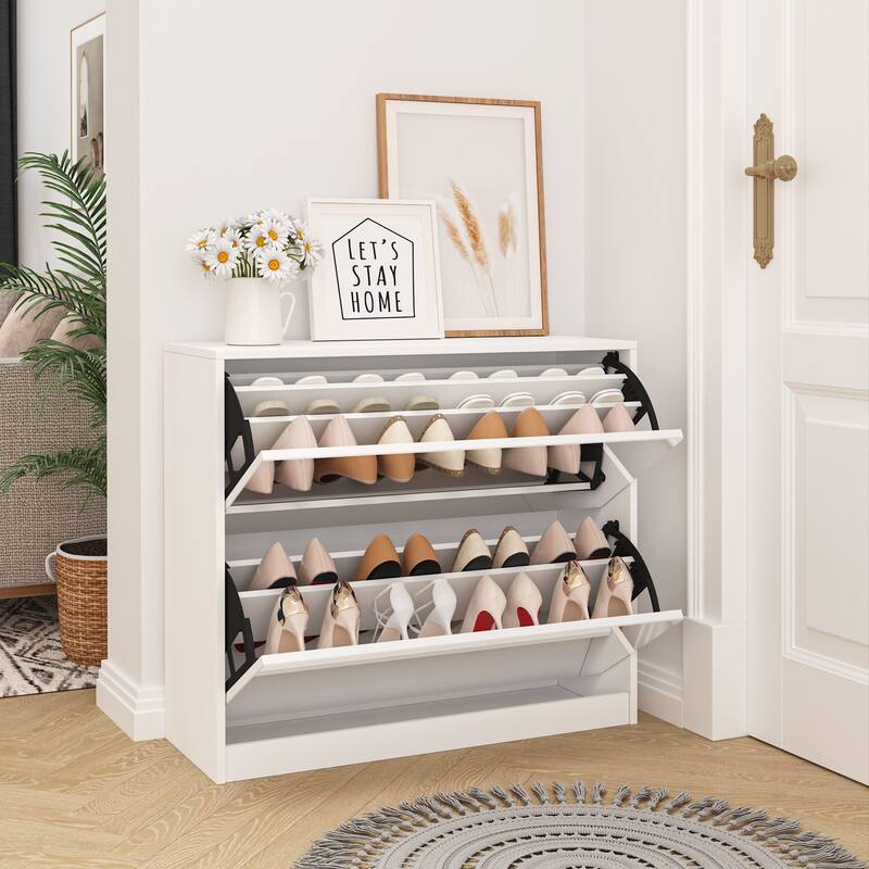 Mirror Shoe Storage Cabinet, Freestanding Narrow Slim Shoe Organizer, Hidden Shoe Rack with 3 Layers Flip Drawer