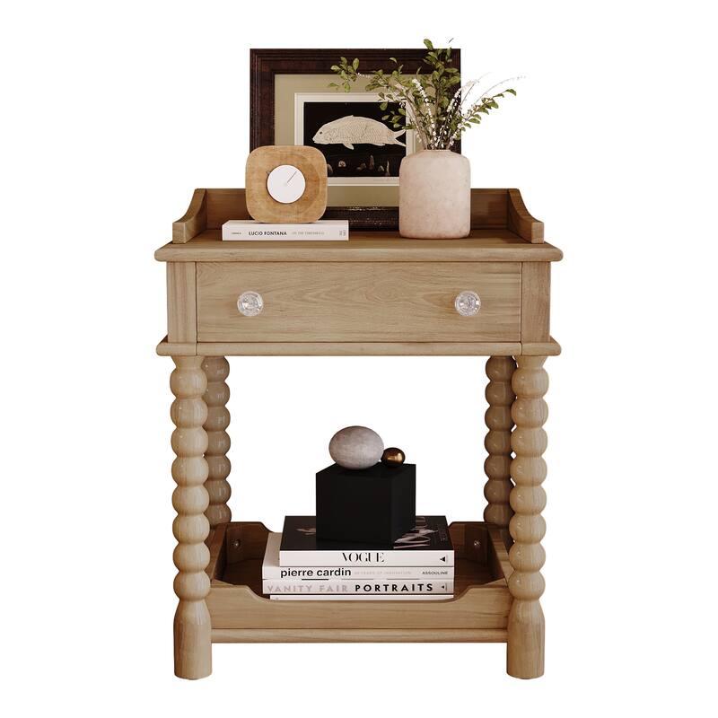 Wooden Nightstand with Drawer and Open Shelf, Accent Nightstand with Turned Legs, Sofa Side Table with Metal Handle