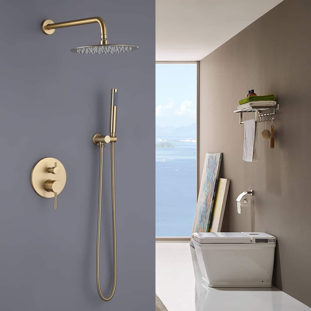 Wall Mount Shower Faucet With Hand Shower Complete Shower System Set Modern 10 Inch Shower Head Set With Rough-in-Valve