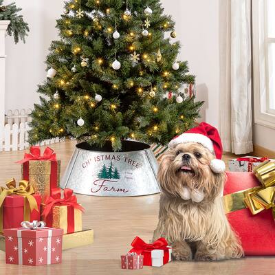 26" Silver Christmas Tree Collar with Festive Red and Green Pattern and Easy Setup - 26" x 9" H