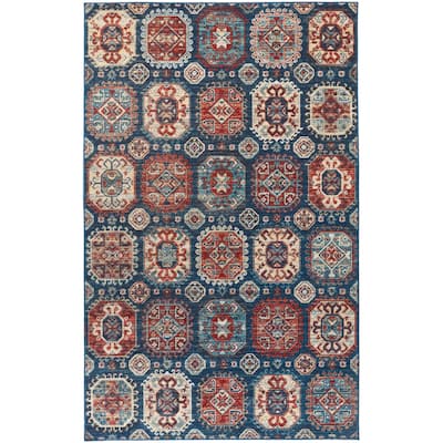 Kezia Vintage Style Tribal Kazak Rug, Classic Blue/True Red