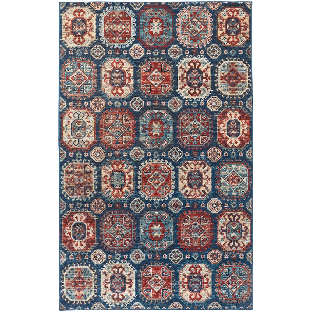 Kezia Vintage Style Tribal Kazak Rug, Classic Blue/True Red