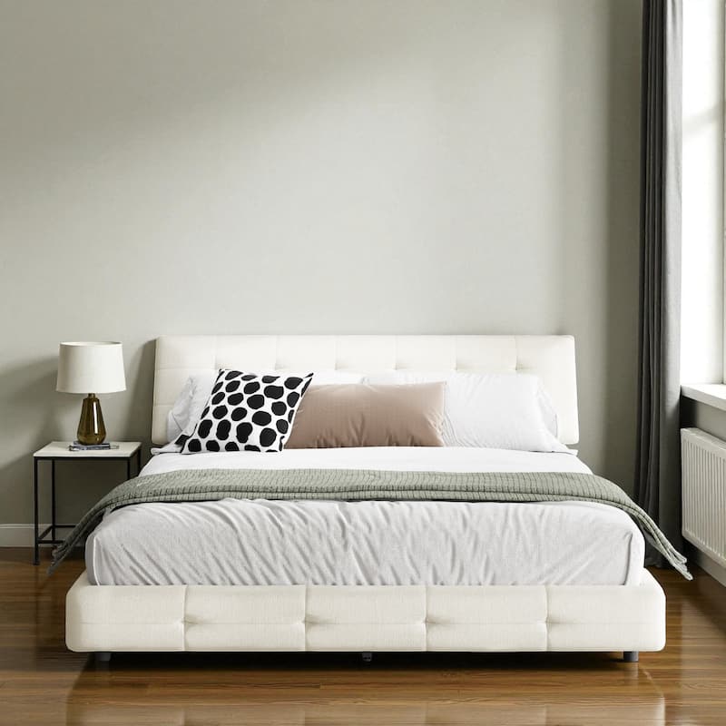 Queen/King Size Upholstered Bed with Oversized Cloud Tufted Headboard, Chenille Platform Bed Frame with Metal & Wood Slats - Beige - King