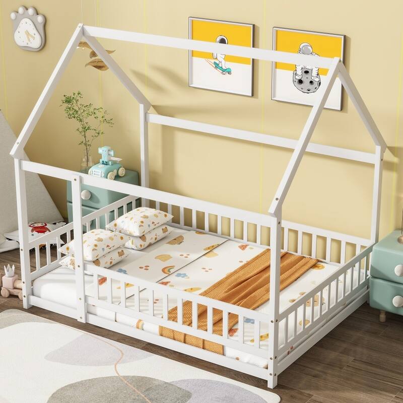 Full Size House Floor Wooden Bed with Roof Frame, Safety Guardrails