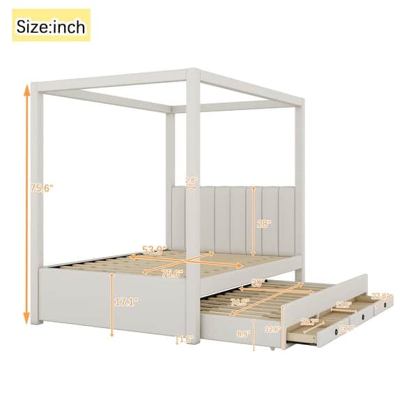 dimension image slide 1 of 3, Upholstered Canopy Platform Bed with Trundle and Storage Drawers
