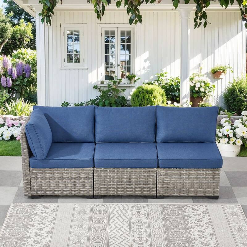 Pocassy Wicker Rattan Outdoor Sectional Sofa Patio Conversation Set - Blue Cushion - Sectional Corner Sofa