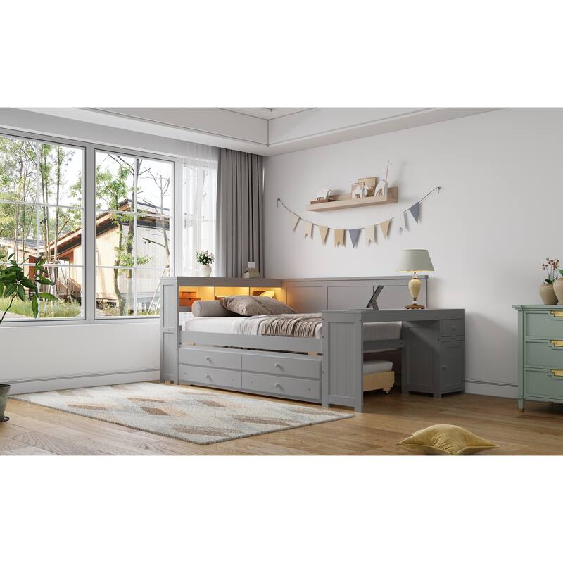 Full Size Daybed with Storage Shelves, Drawers, Trundle, Charging Station, LED Light, Desk and Cabinet