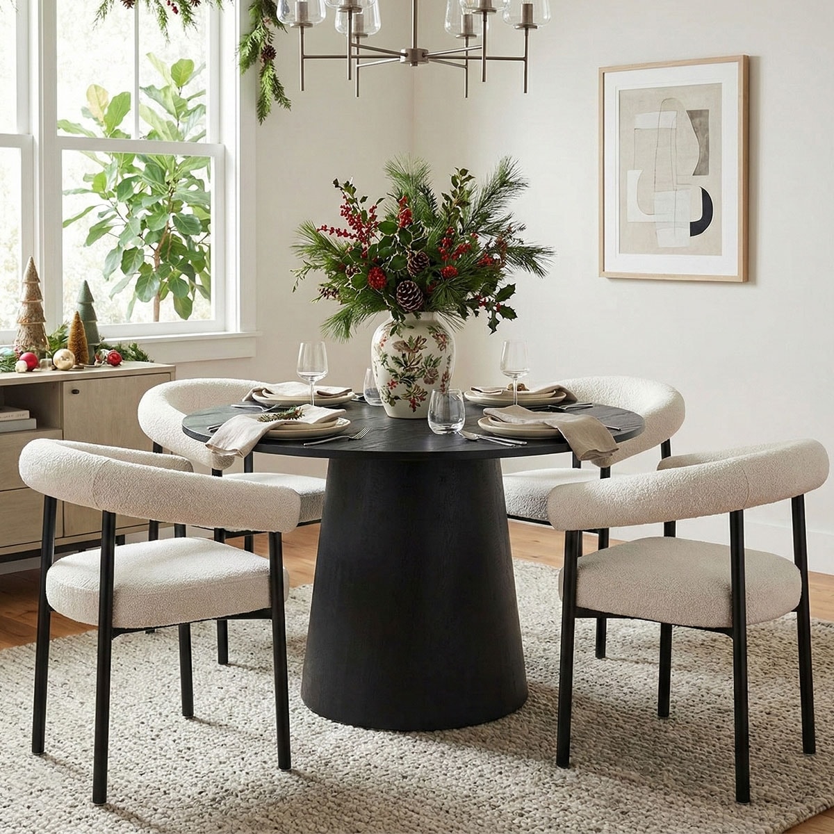 Modern White Bouclé Arm Dining Chair Set (Set of 2/4/6) with Black Steel Legs