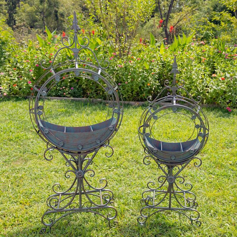 Set of 2 Tall Round Metal Planters with Removable Trays Garden Decor in Verdi Green