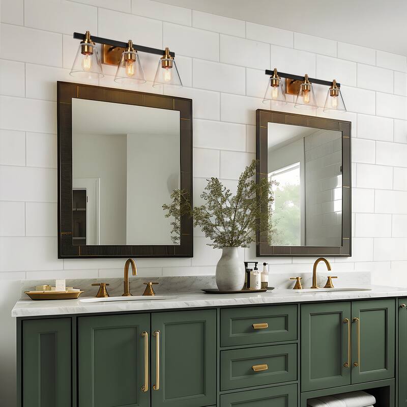 3-Light Mid-Century Modern Black Gold Bathroom Vanity Lights Clear Glass Wall Sconces