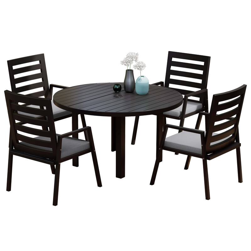 Chelsea 5-Piece Aluminum Outdoor Dining Set 48 in. Round Table and 4 Dining Armchair w/ Cushions - Light Grey