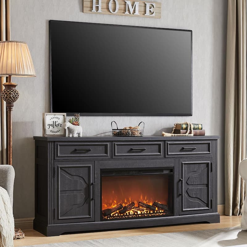 Farmhouse Fireplace TV Stand for Up to 80" TV, Entertainment Center - Cool Black