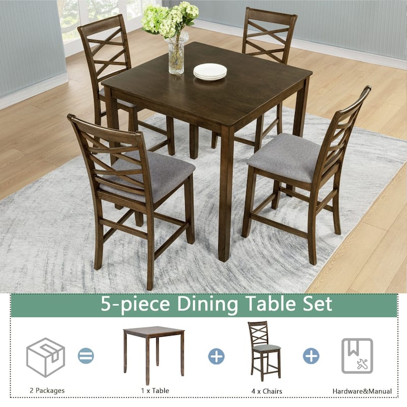 5-Piece Dining Set, 34.5" Wooden Counter Height Dining Table with 4 Chairs