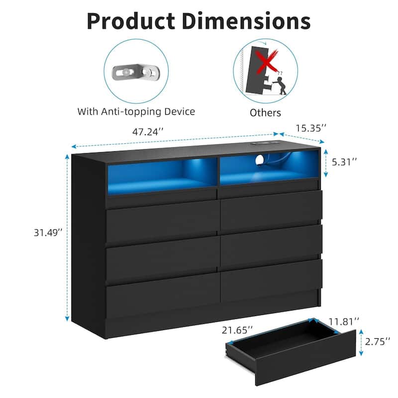 6 Drawer Dresser, with LED Lights and USB Charging Station