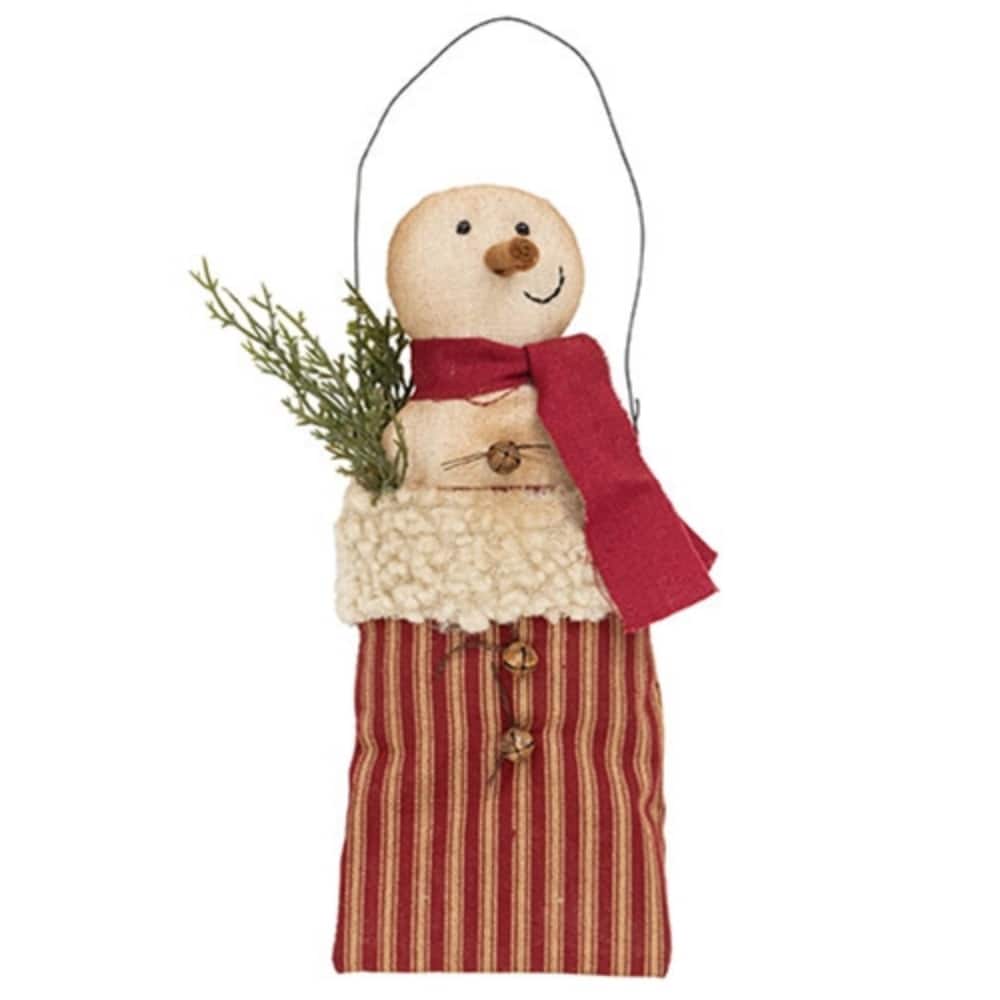 Primitive Stuffed Snowman Hanger in Red Ticking Stripe Sack with Sherpa Cuff Rusted Bells Bead Eyes - 9.5" H x 4" W x 2" D