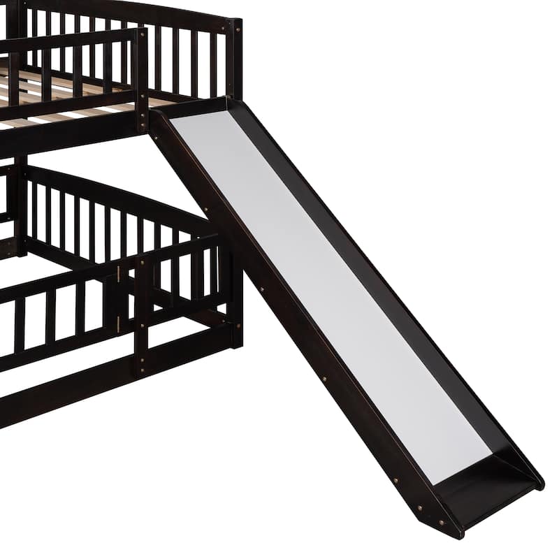 Solid Pinewood Floor Bunk Bed Frame with Slide and Ladder, Twin/Full Size Low Bunk Bed with Fence and Door for Kids Teens