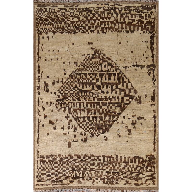 Hand Knotted Oriental 100% Wool Carpet Modern Tribal Beige & Ivories Moroccan Area Rug - 7' 10'' X 5' 9''