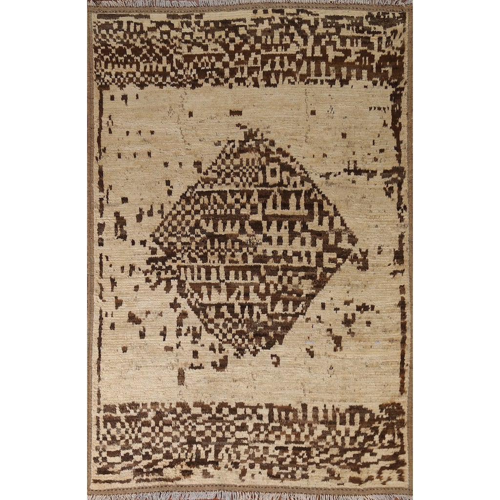 Hand Knotted Oriental 100% Wool Carpet Modern Tribal Beige & Ivories Moroccan Area Rug - 7' 10'' X 5' 9''