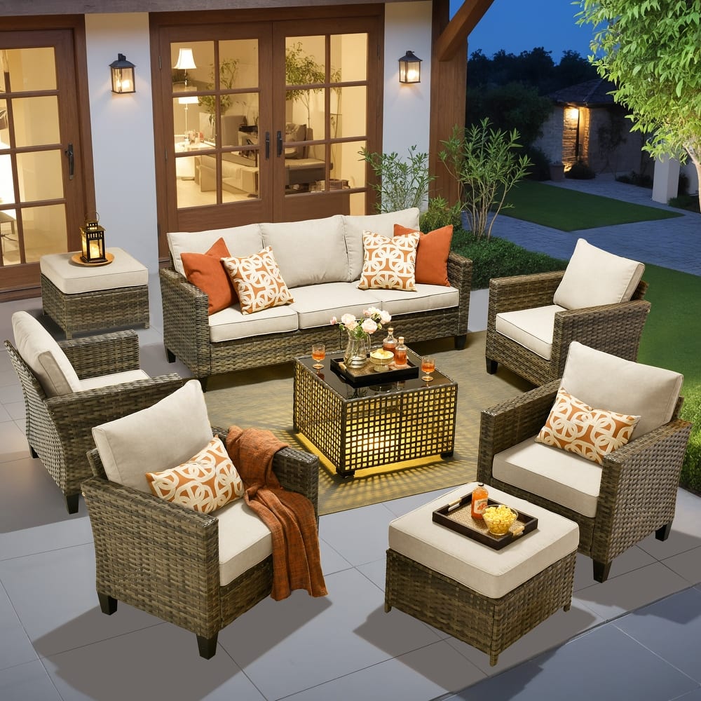 OVIOS 8 Pieces Outdoor Wicker Sectional Set With Solar-Powered CoffeeTable