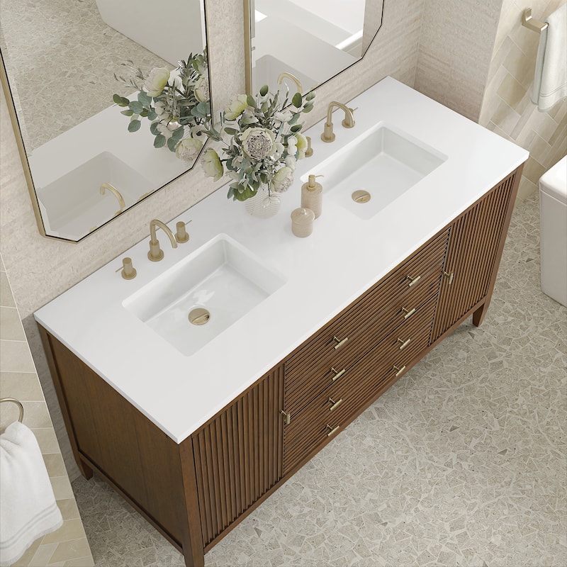 James Martin Vanities Myrrin 60" Double Vanity, Mid Century Walnut - White Zeus.