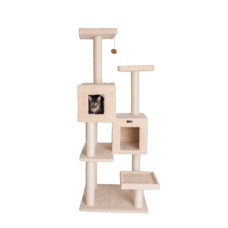 Multi-Level Real Wood Cat Tree With Two Spacious Condos, Perches - Beige