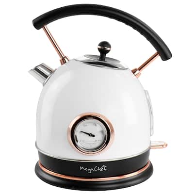 MegaChef 1.8L Half Circle Electric Tea Kettle with Thermostat in White - 1.8 Liter