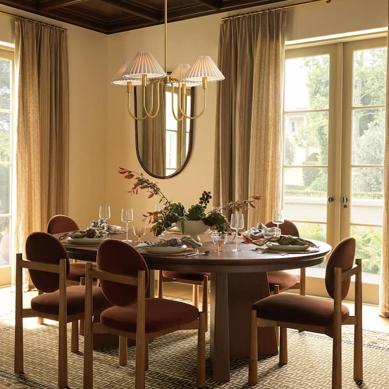 4-Light Mid-Century Modern Chandelier in Brushed Gold/Matte Black Chandelier with Pleated Shades for Living Room