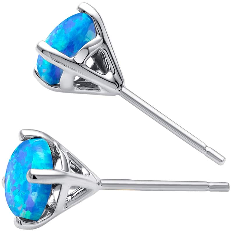 14k White Gold Blue Opal Stud Earrings 1 ct Round Shape