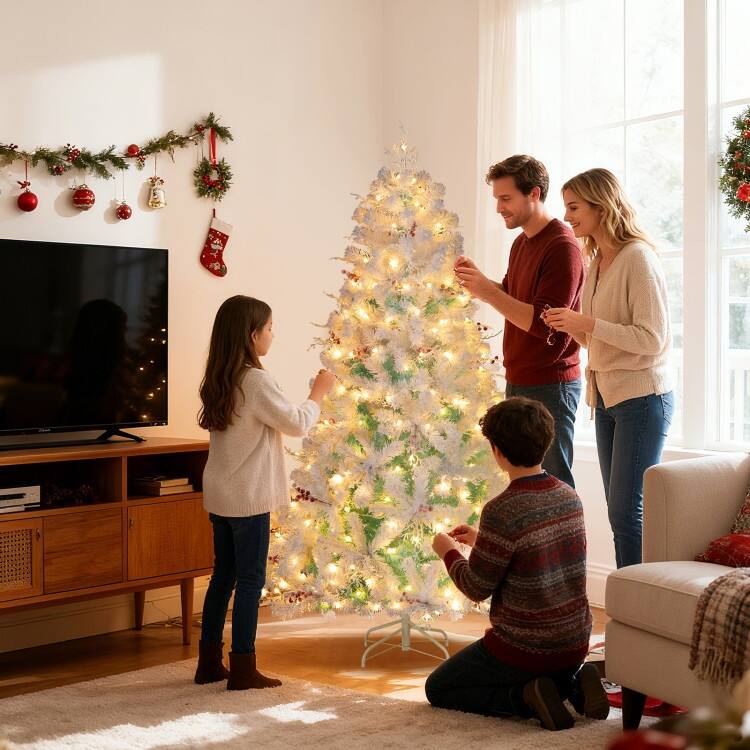 White-Lake Blue PVC PE Pre-Lit Christmas Tree with 250/350 LED Lights and Red Berries
