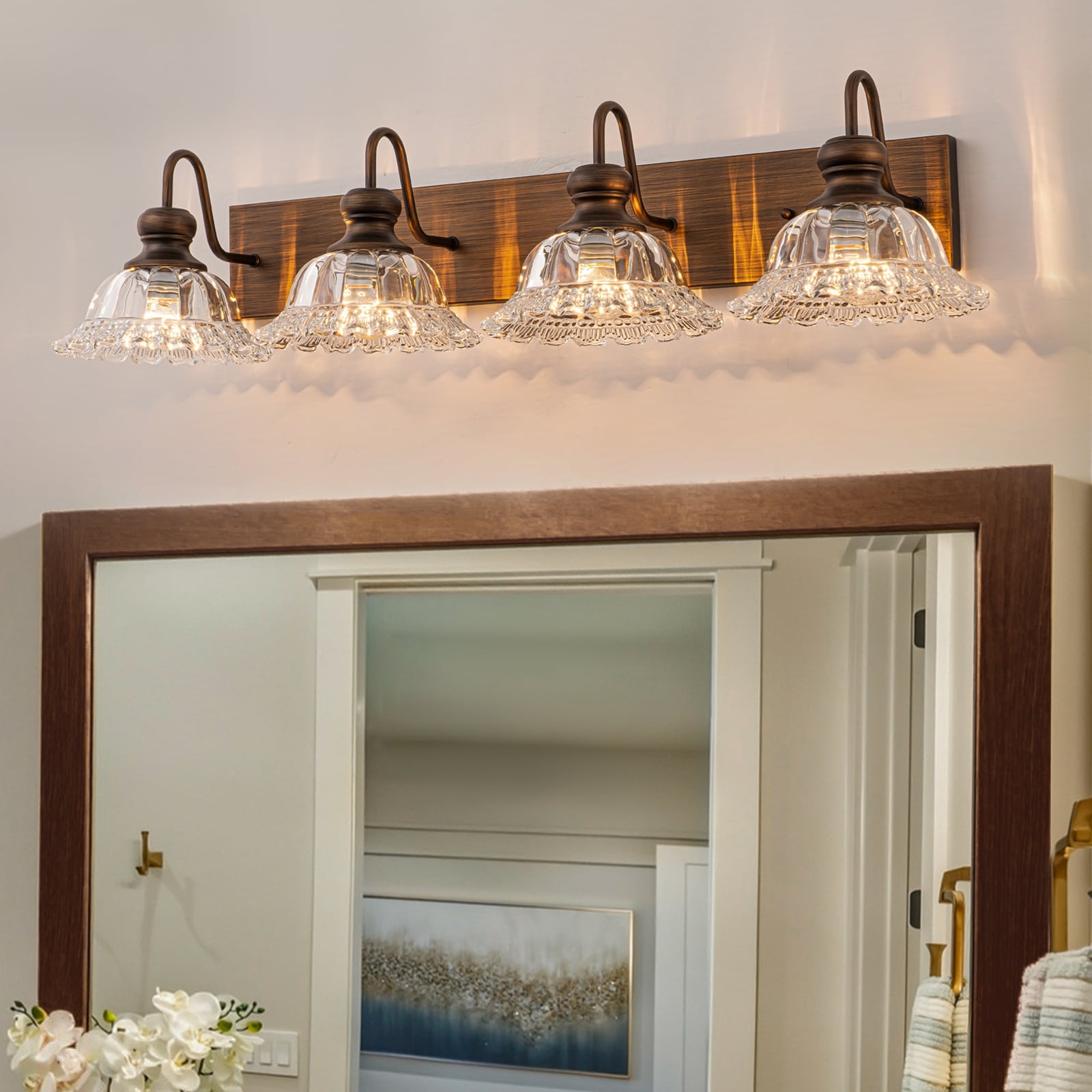 Vintage 3/4 -Light Bathroom Vanity Light with Clear Glass Floral Shades - Antique Bronze