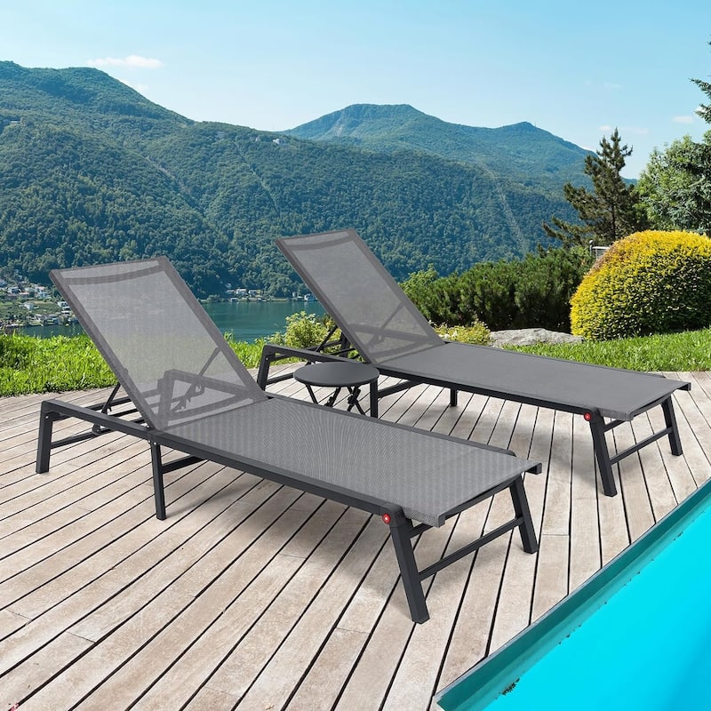 Foldable Lounge Chairs with 5 Reclining Positions and Round Table - N/A - Grey