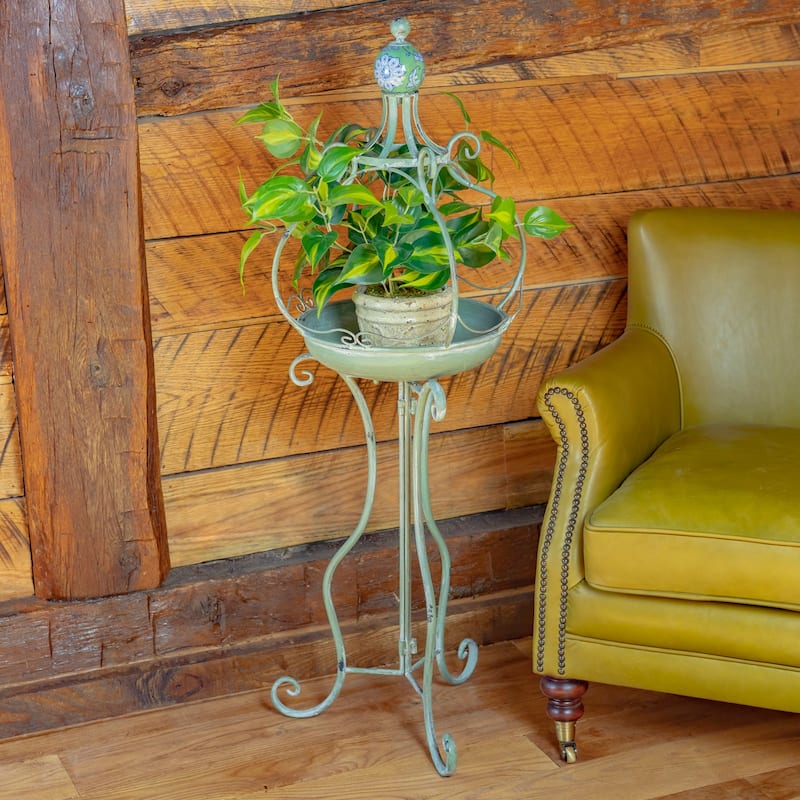 45 Inch Tall Standing Green Iron Birdbath with Ceramic Sailor Ball - 14.57x14.57x44.88