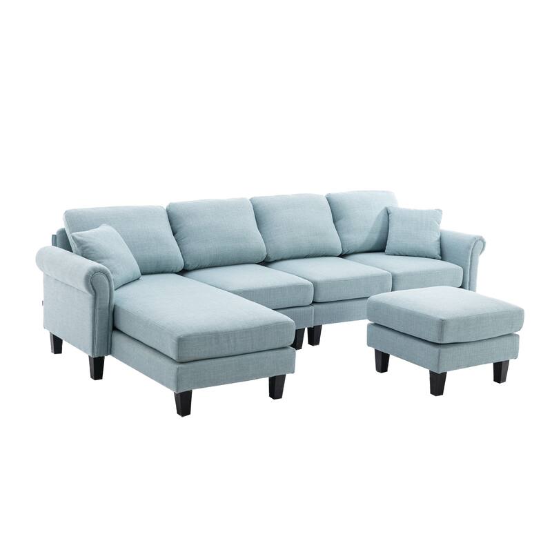 Light Blue Reversible Couch Sectional Sofa Set w/ Movable Ottomans Bed Bath & Beyond 39120211