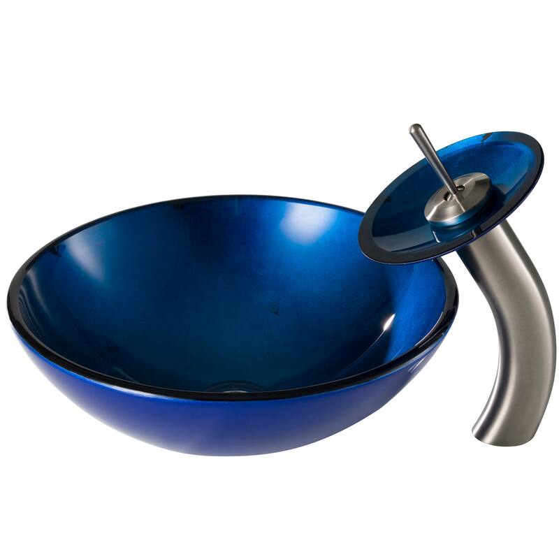 Kraus Bathroom Combo - 16-1/2" Irruption Blue Glass Vessel Bathroom - Satin Nickel