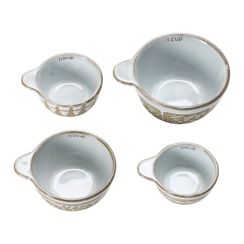 Stoneware Measuring Cups with Wax Relief Pattern, White, Set of 4