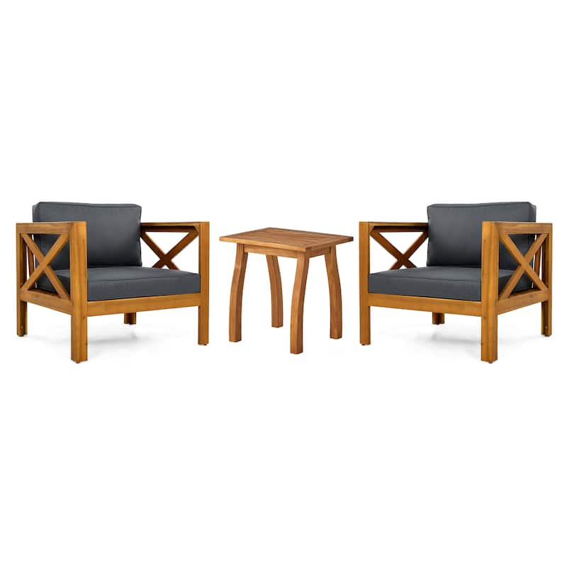 3 Piece Patio Conversation Set, Outdoor Wood Leisure Seat(Set of 2),Armchair with Cushions,Selma Acacia Wood End Table