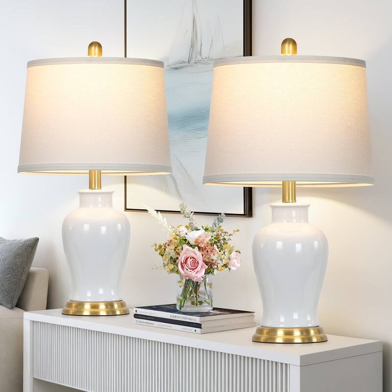 23-Inch Ceramic Ginger Jar Table Lamp with White Fabric Shade and LED Bulb - 12.5'' X 12.5'' X 23'' (L X W X H) - White